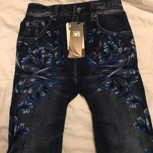 CRYSTAL fashion leggings original design (Blue and white flowers)Made in Italy